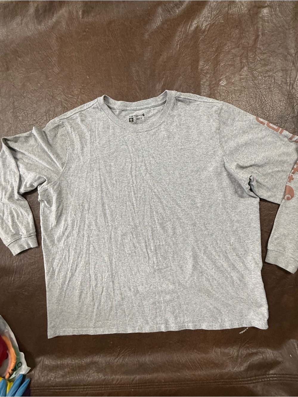Carhartt Men's Long Sleeve Crewneck Shirt - Heather Gray with Tan Sleeve Logo